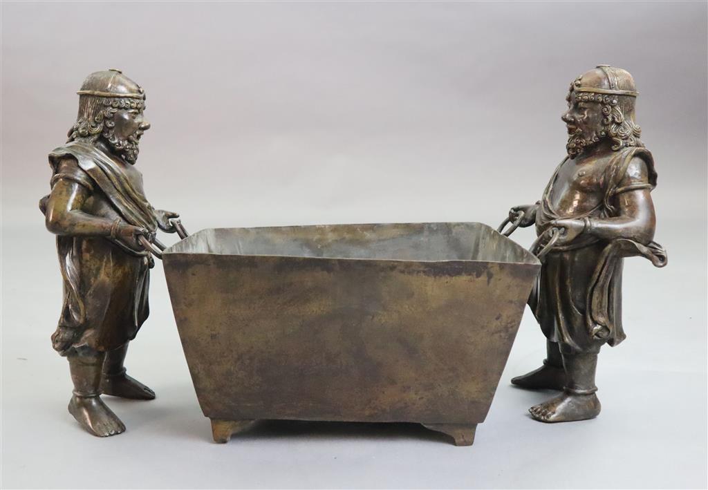 A massive Chinese bronze figural censer, fangding, 17th century or later, 38cm high, 63cm wide